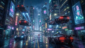 下雨的未來城市街道，有飛天汽車和發光的霓虹標誌。