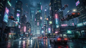 夜晚的未來城市，有飛車和霓虹燈反射在濕漉漉的街道上。