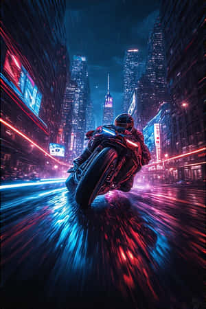 電單車手在夜晚霓虹燈閃爍的濕滑城市街道上飛馳