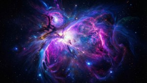 在深空中閃耀著星星的充滿活力的紫色、藍色和粉紅色星雲