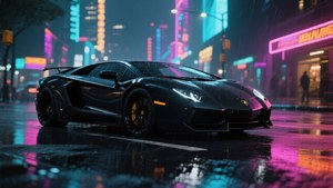 黑色林寶堅尼Aventador在濕潤的城市街道上，霓虹燈下