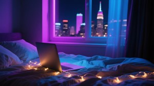 床上手提電腦，串燈在窗邊發光，窗外夜晚城市天際線