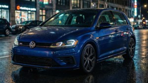藍色福士 Golf R 停在濕漉漉的夜街上，帶有霓虹反射