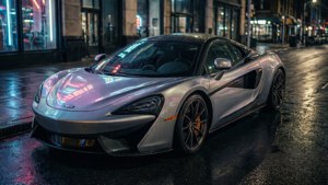 銀色McLaren跑車停在夜間濕漉漉的城市街道上，帶有霓虹燈反射。