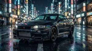 黑色日產Skyline GT-R在夜間霓虹燈下停放在潮濕的城市街道上