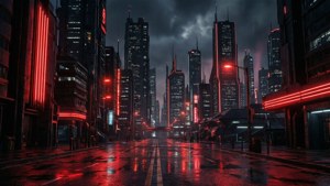 夜晚濕漉漉的未來城市街道，紅色霓虹燈反射在人行道上。