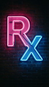 霓虹燈Rx標誌在磚牆上發出粉紅和藍色光芒