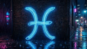 藍色霓虹雙魚座符號在雨中小巷的磚牆上，有水坑倒影