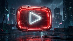 發光紅色YouTube播放按鈕懸浮在雨夜未來城市上空