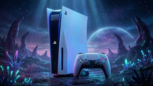 PlayStation 5 主機和控制器在帶有紫色月亮的霓虹外星景觀中發光