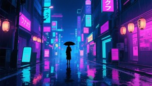 夜晚，一個人撐傘走在濕漉漉的霓虹燈城市街道上的剪影