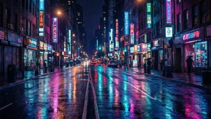 夜晚潮濕的街道，閃爍著來自商店櫥窗和路燈的彩色霓虹倒影。