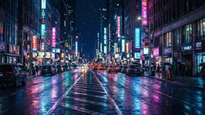 雨夜的街道，霓虹燈在濕漉漉的路面上反射，汽車駛過。