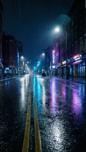 夜晚雨水落在城市街道上，霓虹燈在濕漉漉的路面上反射