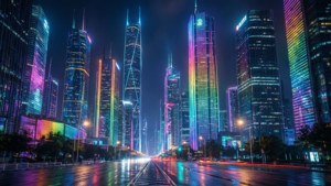 雨夜濕滑的城市街道，霓虹燈閃爍的摩天大樓呈現彩虹色調。