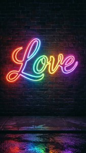 一個色彩繽紛的霓虹燈牌，上面寫著「Love」，位於磚牆上，潮濕的人行道反射著燈光。