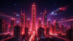 星空下，發光的紅色建築和飛行汽車的未來城市