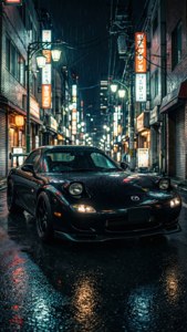 黑色跑車在夜晚行駛於濕漉漉的霓虹燈城市小巷