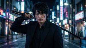 穿黑色西裝的男人在夜晚霓虹燈閃爍的東京街道上手持武士刀