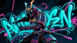 身穿發光盔甲的武士站在藍色和粉色燈光的霓虹塗鴉牆前。