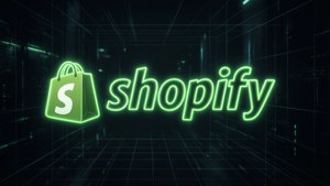 在黑暗的未來數碼網格環境中發光的綠色Shopify標誌。