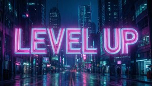 在雨夜未來城市中寫著 level up 的霓虹燈牌