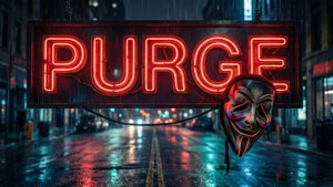 紅色霓虹燈牌寫著PURGE，旁邊懸掛著蓋伊·福克斯面具，在夜間濕漉漉的街道上。