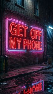 霓虹燈牌寫著 get off my phone 在夜間潮濕的磚牆上發光