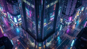 霓虹燈喺夜晚嘅濕滑城市街道上從高角度反射。