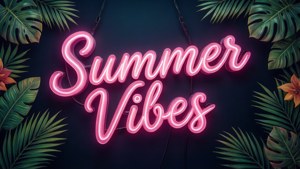 粉紅色霓虹燈牌寫著 Summer Vibes，以熱帶葉子和橙色花朵框住。