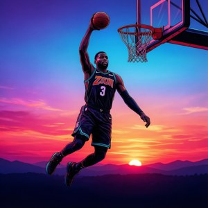 身穿Zion球衣的籃球運動員在色彩繽紛的夕陽天空下入樽，背景有山