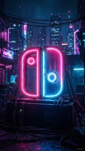 霓虹Nintendo Switch標誌在未來城市夜晚發出粉紅和藍光
