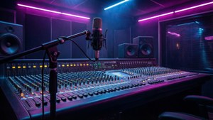 專業音頻工作室，配有發光霓虹燈和音響設備。