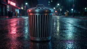 夜晚潮濕城市街道上霓虹燈下的金屬垃圾桶。