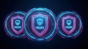 三個發光的霓虹盾牌，帶有「trust」字樣，漂浮在黑暗空間中。