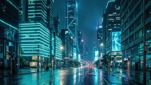 夜晚潮濕的城市街道，藍色霓虹燈光在高樓之間的人行道上反射。