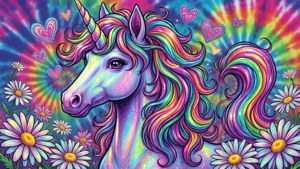 一隻彩虹鬃毛獨角獸被雛菊和漂浮的心形包圍，背景是紮染圖案。