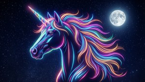 滿月星空下帶有彩虹鬃毛的霓虹獨角獸。