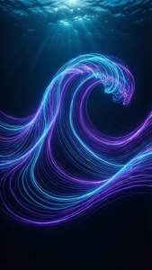 霓虹藍色和紫色波浪在水下發光，陽光穿透。