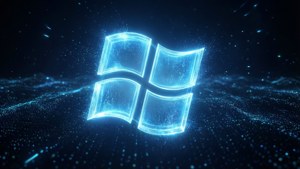 在太空中漂浮在數碼粒子波之上的發光藍色Windows標誌