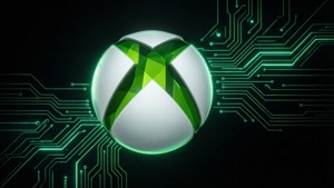 發光的Xbox標誌球體，被綠色電路板圖案包圍，背景為黑色
