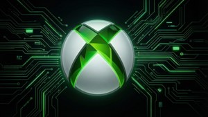 黑暗電路板上的發光Xbox標誌，帶有綠色霓虹線條