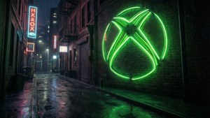 夜間雨中的城市小巷磚牆上一個明亮的綠色Xbox標誌霓虹燈牌。