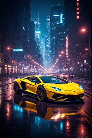 黃色跑車在濕滑的夜晚城市街道上，霓虹燈反射