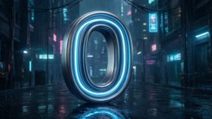 夜晚雨濕的 cyberpunk 城市街道中發光的藍色霓虹燈零字
