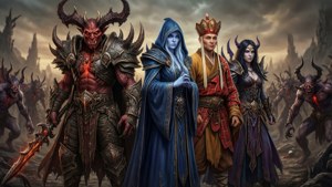 奇幻角色包括惡魔戰士、法師、戴王冠的男人和有角的女人在黑暗戰鬥場景中