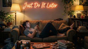 男人躺在沙發上，頭頂是寫著 Just Do It Later 的霓虹燈牌，周圍有書本和植物。