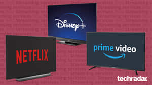 三台電視在重複文字背景上顯示 Netflix、Disney+ 和 Prime Video 標誌。