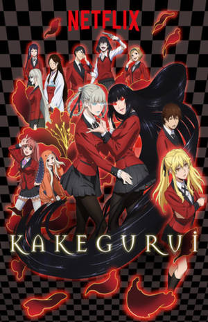 Kakegurui 的動漫海報，展示穿著紅色制服的學生，帶有火紅點綴。 — Netflix GIF 壁紙