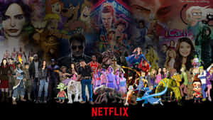 Netflix 標誌，搭配來自各種節目和電影的角色的彩色拼貼畫。